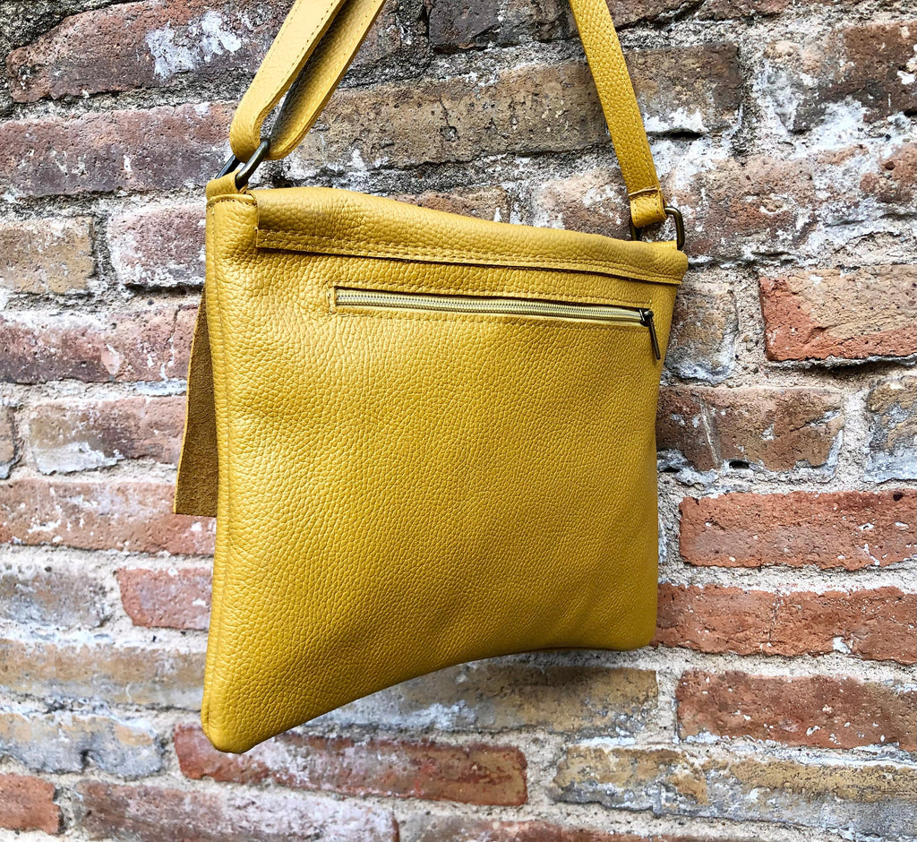 Yellow crossbody leather bag. Soft genuine leather bag. Mustard yellow messenger. Yellow purse with zipper, flap and adjustable strap.