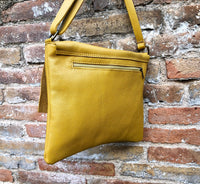 Yellow crossbody leather bag. Soft genuine leather bag. Mustard yellow messenger. Yellow purse with zipper, flap and adjustable strap.