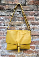 Yellow crossbody leather bag. Soft genuine leather bag. Mustard yellow messenger. Yellow purse with zipper, flap and adjustable strap.