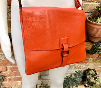 Orange crossbody leather bag. Soft genuine leather bag. Orange messenger. Orange purse with zipper, flap and adjustable strap.