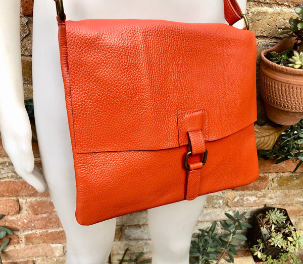 Orange crossbody leather bag. Soft genuine leather bag. Orange messenger. Orange purse with zipper, flap and adjustable strap.