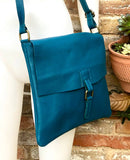 Blue crossbody leather bag. Soft genuine leather bag. Teal blue messenger. Blue purse with zipper, flap and adjustable strap.