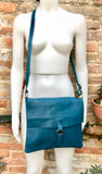 Blue crossbody leather bag. Soft genuine leather bag. Teal blue messenger. Blue purse with zipper, flap and adjustable strap.