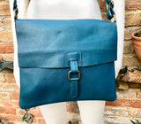 Blue crossbody leather bag. Soft genuine leather bag. Teal blue messenger. Blue purse with zipper, flap and adjustable strap.