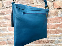 Blue crossbody leather bag. Soft genuine leather bag. Teal blue messenger. Blue purse with zipper, flap and adjustable strap.