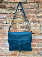 Blue crossbody leather bag. Soft genuine leather bag. Teal blue messenger. Blue purse with zipper, flap and adjustable strap.