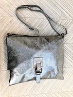 Silver color crossbody leather bag. Soft genuine laminated leather bag. Silver messenger. Silver purse with zipper, flap + adjustable strap.