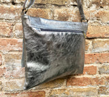 Silver color crossbody leather bag. Soft genuine laminated leather bag. Silver messenger. Silver purse with zipper, flap + adjustable strap.