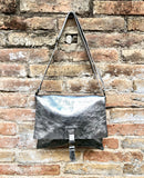Silver color crossbody leather bag. Soft genuine laminated leather bag. Silver messenger. Silver purse with zipper, flap + adjustable strap.