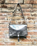 Silver color crossbody leather bag. Soft genuine laminated leather bag. Silver messenger. Silver purse with zipper, flap + adjustable strap.