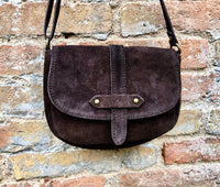 Dark BROWN suede bag. Genuine leather chocolate crossbody bag. Small leather bag with adjustable strap and zipper. Dark brown suede purse.