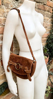 Camel BROWN suede bag.Genuine leather rusty brown crossbody bag.Small leather bag with adjustable strap and zipper.Tobacco brown suede purse