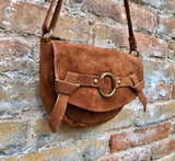 Camel BROWN suede bag.Genuine leather rusty brown crossbody bag.Small leather bag with adjustable strap and zipper.Tobacco brown suede purse