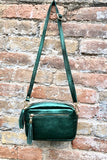 Small metallic green leather bag. GENUINE leather shoulder / crossbody bag. Glitter green leather purse . Tassels, adjustable strap + zipper