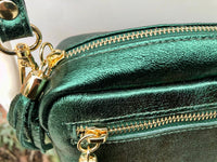 Small metallic green leather bag. GENUINE leather shoulder / crossbody bag. Glitter green leather purse . Tassels, adjustable strap + zipper