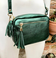 Small metallic green leather bag. GENUINE leather shoulder / crossbody bag. Glitter green leather purse . Tassels, adjustable strap + zipper