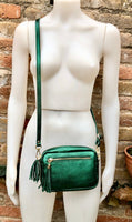 Small metallic green leather bag. GENUINE leather shoulder / crossbody bag. Glitter green leather purse . Tassels, adjustable strap + zipper