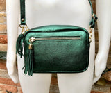 Small metallic green leather bag. GENUINE leather shoulder / crossbody bag. Glitter green leather purse . Tassels, adjustable strap + zipper