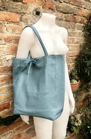 Tote leather bag in blue - gray with ZIPPER. GENUINE leather shopper. Large carry all bag for your laptop, books.BLUE leather shopper