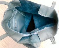 Tote leather bag in blue - gray with ZIPPER. GENUINE leather shopper. Large carry all bag for your laptop, books.BLUE leather shopper