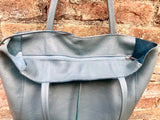 Tote leather bag in blue - gray with ZIPPER. GENUINE leather shopper. Large carry all bag for your laptop, books.BLUE leather shopper