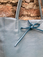 Tote leather bag in blue - gray with ZIPPER. GENUINE leather shopper. Large carry all bag for your laptop, books.BLUE leather shopper