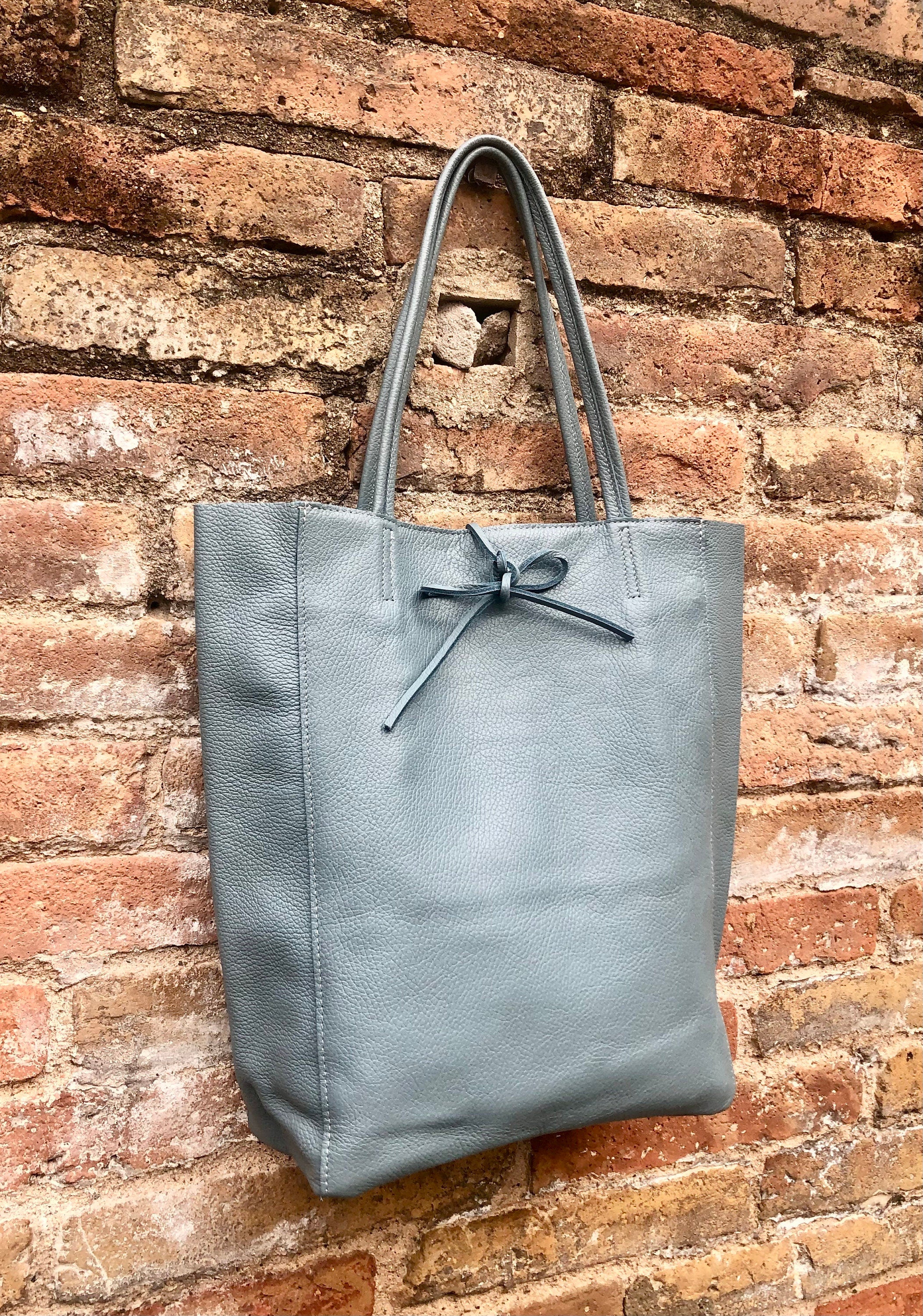 Tote leather bag in blue - gray with ZIPPER. GENUINE leather shopper. Large carry all bag for your laptop, books.BLUE leather shopper