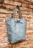 Tote leather bag in blue - gray with ZIPPER. GENUINE leather shopper. Large carry all bag for your laptop, books.BLUE leather shopper