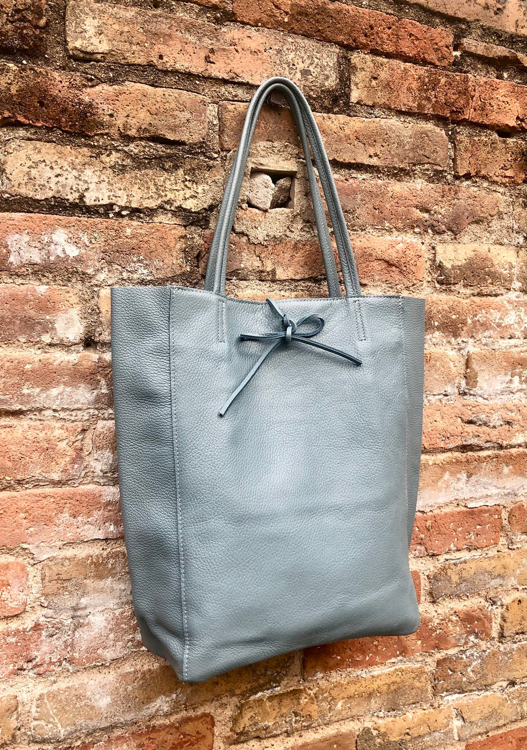 Tote leather bag in blue - gray with ZIPPER. GENUINE leather shopper. Large carry all bag for your laptop, books.BLUE leather shopper