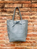 Tote leather bag in blue - gray with ZIPPER. GENUINE leather shopper. Large carry all bag for your laptop, books.BLUE leather shopper