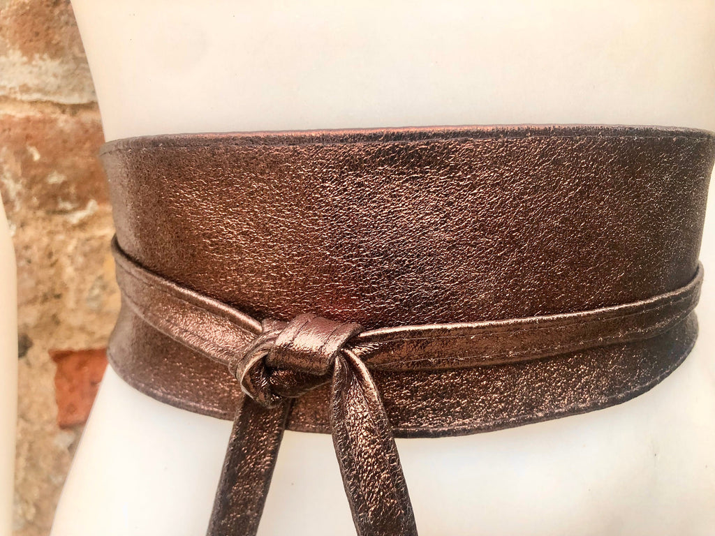Dark brown OBI belt in natural soft leather. Waist belt,wide leather belt, metallic, wrap belt, boho sash, boho wraparound brown belt