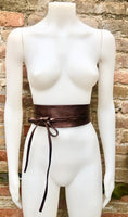 Dark brown OBI belt in natural soft leather. Waist belt,wide leather belt, metallic, wrap belt, boho sash, boho wraparound brown belt