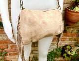 Crossbody / shoulder beige fringe bag. BOHO suede leather bag with FRINGES. Genuine suede crossbody hippy bag. Beige fringed purse. 2 straps