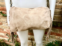 Crossbody / shoulder beige fringe bag. BOHO suede leather bag with FRINGES. Genuine suede crossbody hippy bag. Beige fringed purse. 2 straps