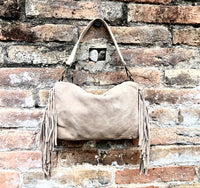 Crossbody / shoulder beige fringe bag. BOHO suede leather bag with FRINGES. Genuine suede crossbody hippy bag. Beige fringed purse. 2 straps