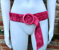 Coral red - pink suede waist belt with large round buckle.Boho soft suede belt in coral. Genuine natural salmon red suede leather