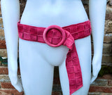 Coral red - pink suede waist belt with large round buckle.Boho soft suede belt in coral. Genuine natural salmon red suede leather