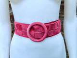 Coral red - pink suede waist belt with large round buckle.Boho soft suede belt in coral. Genuine natural salmon red suede leather