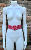 Coral red - pink suede waist belt with large round buckle.Boho soft suede belt in coral. Genuine natural salmon red suede leather