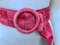 Coral red - pink suede waist belt with large round buckle.Boho soft suede belt in coral. Genuine natural salmon red suede leather