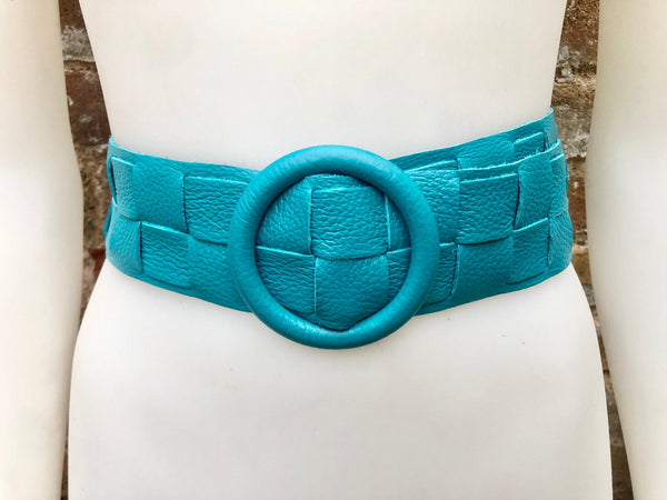 Turquoise leather waist belt with large round buckle. Boho soft genuine leather belt in blue .Turquoise wide waist belt. Braided leather