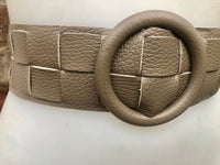 Light brown leather waist belt with large round buckle. Boho soft genuine leather belt in taupe color. Tan wide waist belt. Braided leather