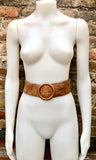 Camel brown leather waist belt with large round buckle. Boho soft genuine leather belt in light brown.Tan wide waist belt. Braided leather