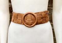 Camel brown leather waist belt with large round buckle. Boho soft genuine leather belt in light brown.Tan wide waist belt. Braided leather