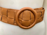 Camel brown leather waist belt with large round buckle. Boho soft genuine leather belt in light brown.Tan wide waist belt. Braided leather