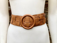 Camel brown leather waist belt with large round buckle. Boho soft genuine leather belt in light brown.Tan wide waist belt. Braided leather