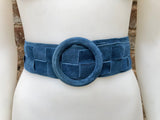 Blue suede waist belt with large round buckle. Boho soft suede wide belt in blue. Genuine natural blue suede leather. Blue dress belt