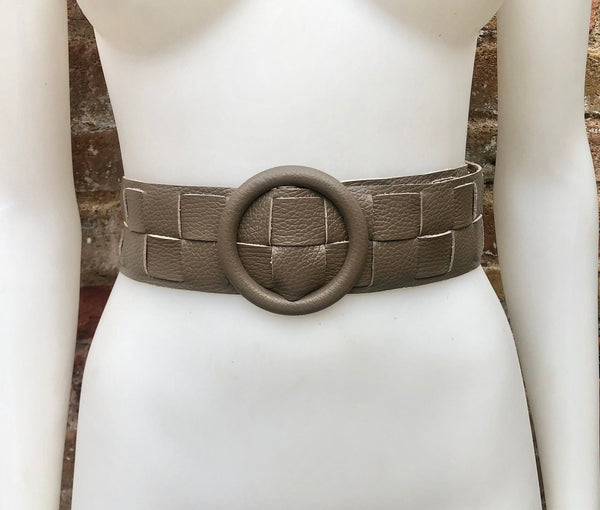 Light brown leather waist belt with large round buckle. Boho soft genuine leather belt in taupe color. Tan wide waist belt. Braided leather