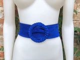 Royal blue suede waist belt with large round buckle. Boho soft suede belt in cobalt blue. Genuine natural deep blue suede leather