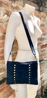 Crossbody bag. Boho suede leather bag in navy blue with bronze color tacks. Messenger bag in genuine suede leather. Navy blue suede purse.